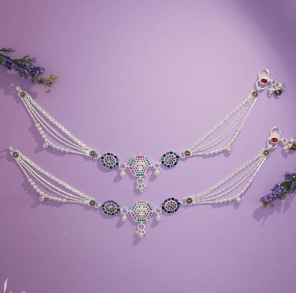 Royal Multi-Stone Designer Silver Anklets (Payal)
